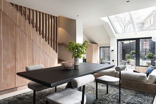 living space, dining room, extension, London, architects, bright daylight space, bespoke stairs,